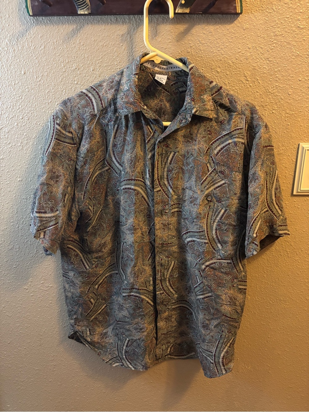 The Sharper Image Paisley 100%Silk Shirt - Olive, Brown & Blue